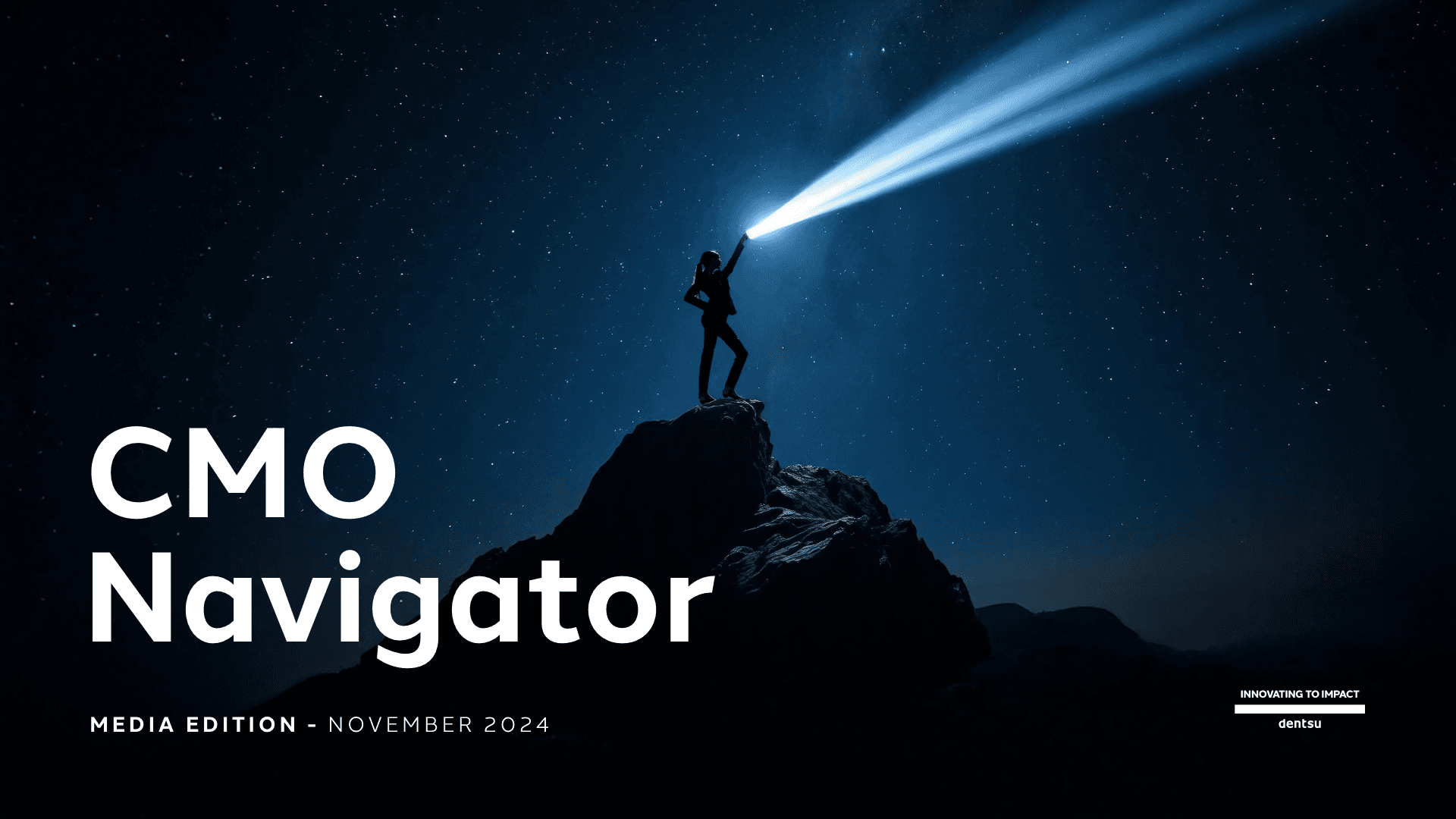man standing on a mountain shining a laser light beam with CMO Navigator title