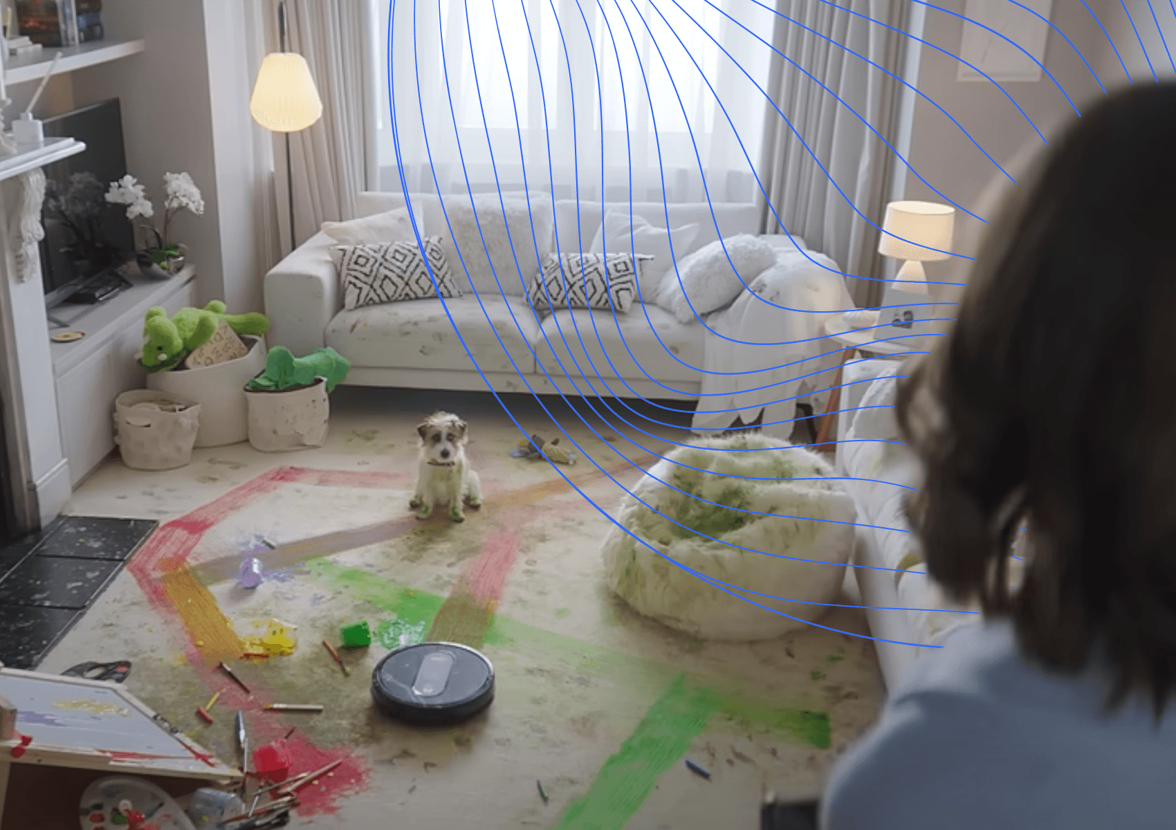 Dog sitting on messy floor