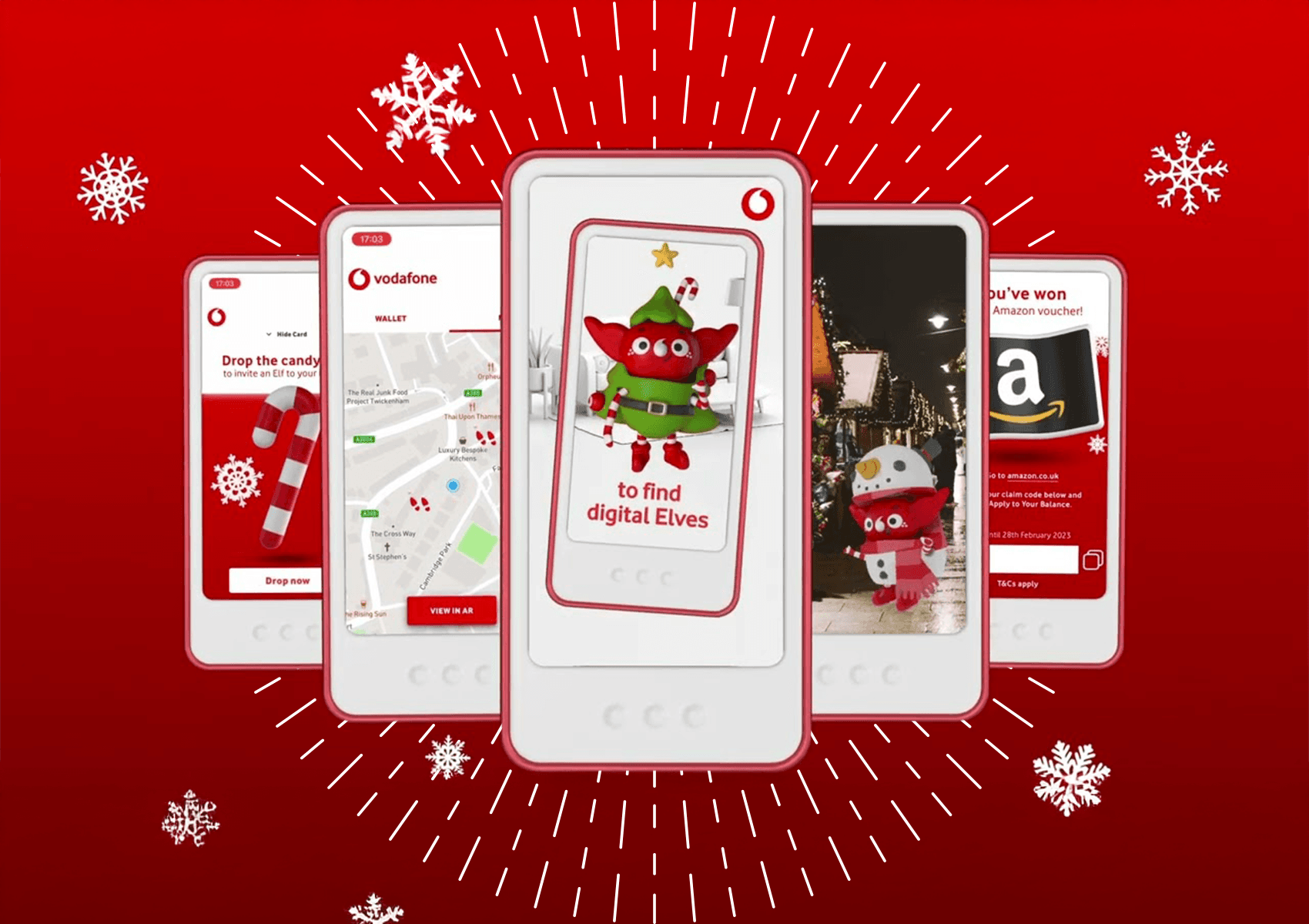 Vodafone Elf and Seek Christmas AR mobile game screens