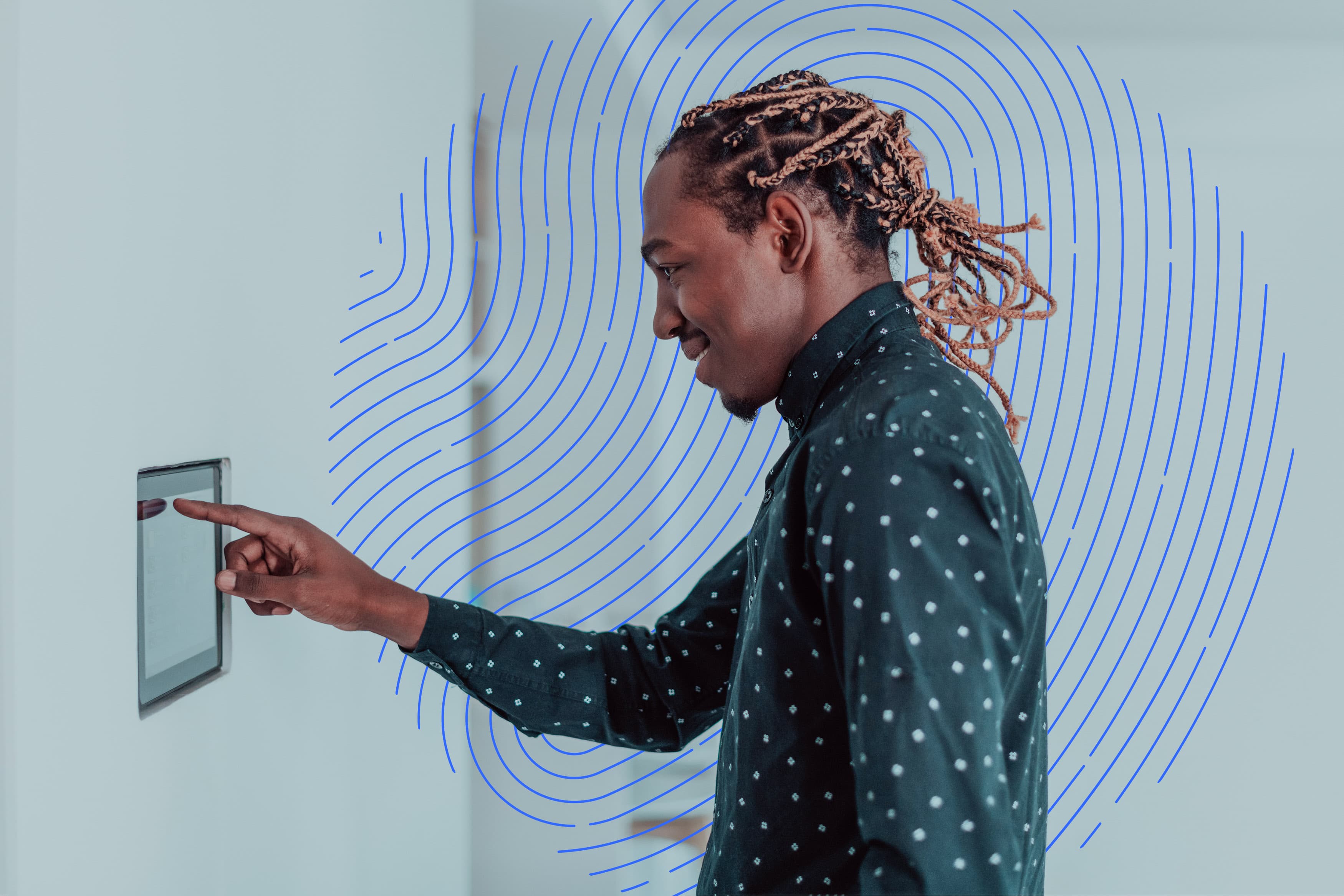 man touching touchscreen device