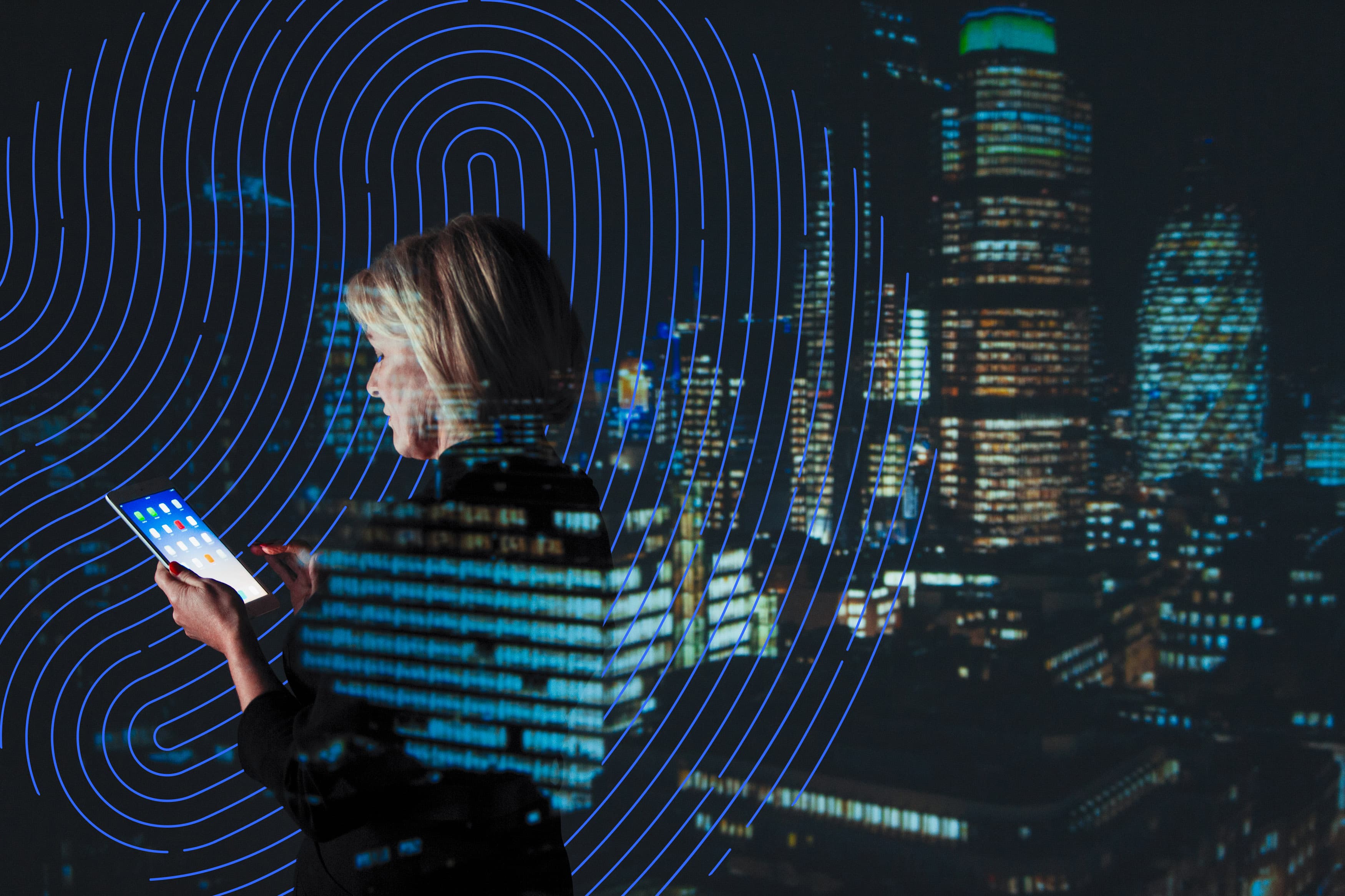 abstract image of woman looking at phone with skyscraper in background