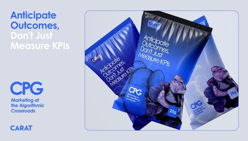 Three packets of blue potato chips with Carat branding, featuring the text ‘Anticipate Outcomes, Don’t Just Measure KPIs’ and a CPG label, displayed against a light background.